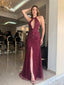 Burgundy Chiffon Beaded Halter Long Mermaid Evening Prom Dresses, Cheap Custom Prom Dresses, MR8152