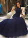 Navy Blue Tulle Beaded Halter Long Mermaid Evening Prom Dresses, MR8154