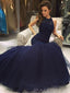 Navy Blue Tulle Beaded Halter Long Mermaid Evening Prom Dresses, MR8154