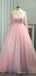 Long Sleeves Pink Tulle Appliques High Neck Long A-line Evening Prom Dresses, Pink Wedding Dresses, MR8157
