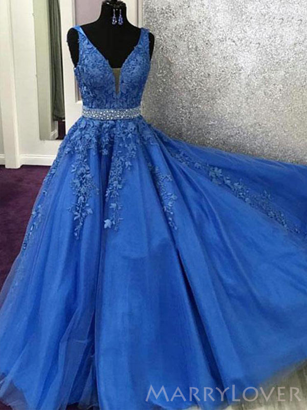 A-line Royal Blue Tulle Appliques Beaded Long V Neck Evening Prom Dresses, MR8173
