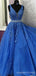 A-line Royal Blue Tulle Appliques Beaded Long V Neck Evening Prom Dresses, MR8173