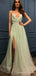 A-line Light Green Sequin Spaghetti Straps V Neck Long Evening Prom Dresses, Cheap Custom Prom Dresses, MR8175