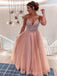 A-line Peach Organza Beaded Spaghetti Straps Long Evening Prom Dresses, MR8177
