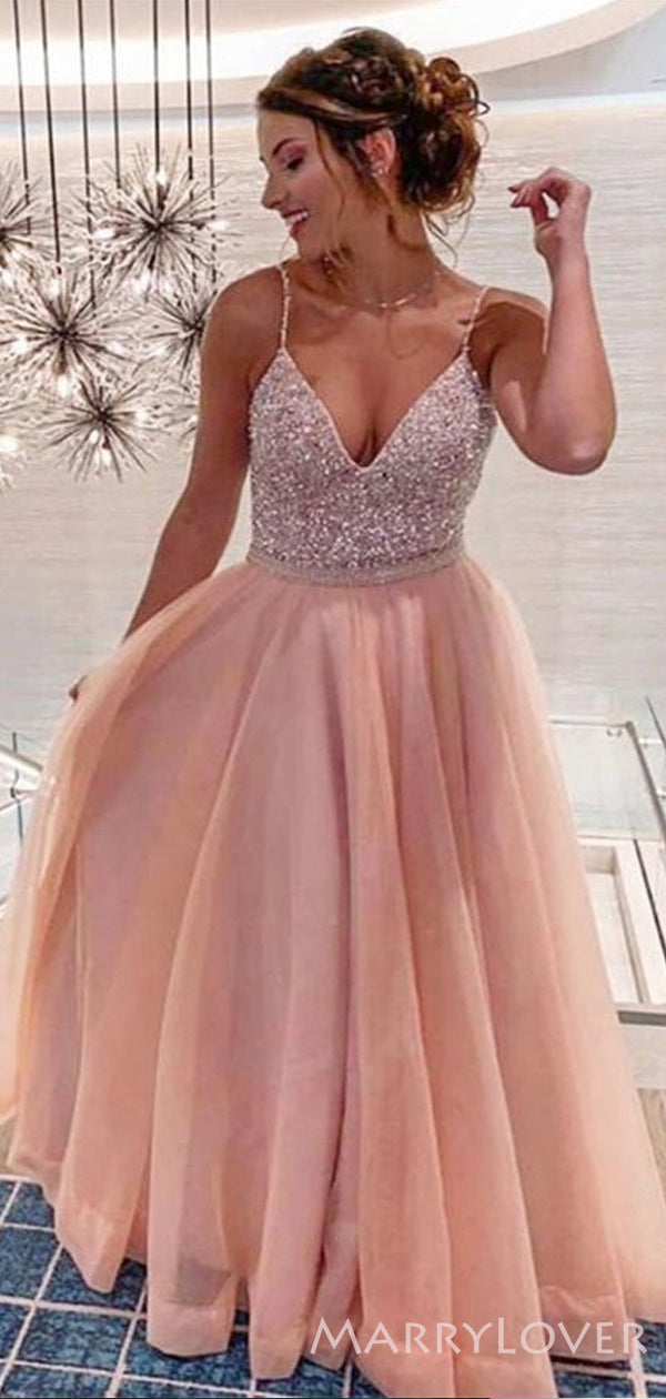 A-line Peach Organza Beaded Spaghetti Straps Long Evening Prom Dresses, MR8177 A-line Peach Organza Beaded Spaghetti Straps Long Evening Prom Dresses, MR8177