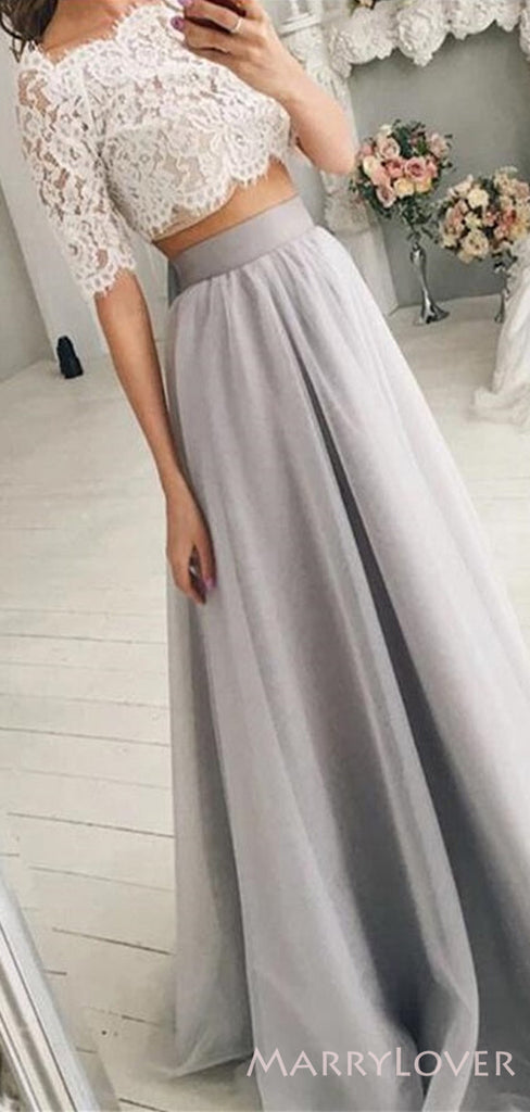 Two Pieces Grey Tulle Half Sleeves Lace Long Evening Prom Dresses, MR8178