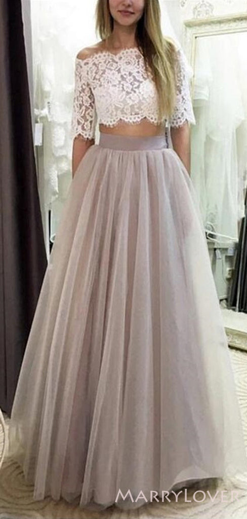 Two Pieces Grey Tulle Half Sleeves Lace Long Evening Prom Dresses, MR8178