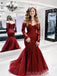 Off Shoulder Red Tulle Appliques Long Mermaid Evening Prom Dresses, MR8179