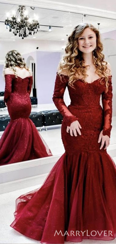 Off Shoulder Red Tulle Appliques Long Mermaid Evening Prom Dresses, MR8179