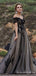 Off Shoulder Black Tulle Appliques A-line Long Evening Prom Dresses, MR8183