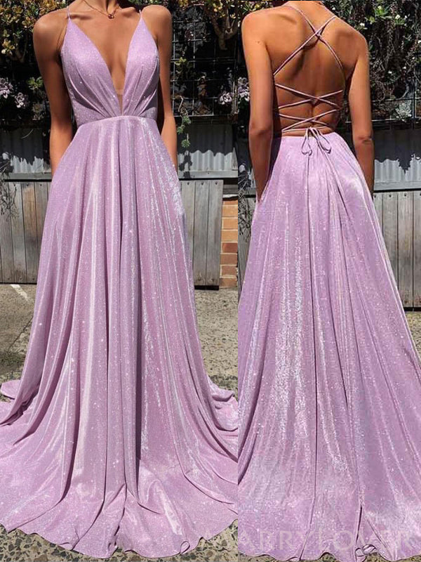 Sexy Deep V Neck Lilac Spaghetti Straps Long A-line Evening Prom Dress –  MarryLover