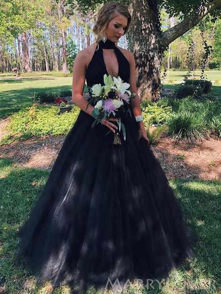 A-line Black Tulle Long Evening Prom Dresses, Deep V Neck Halter Custo – MarryLover