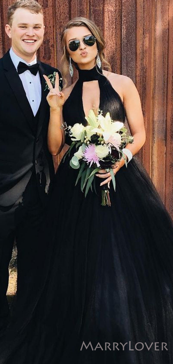 A-line Black Tulle Long Evening Prom Dresses, Deep V Neck Halter Custo – MarryLover