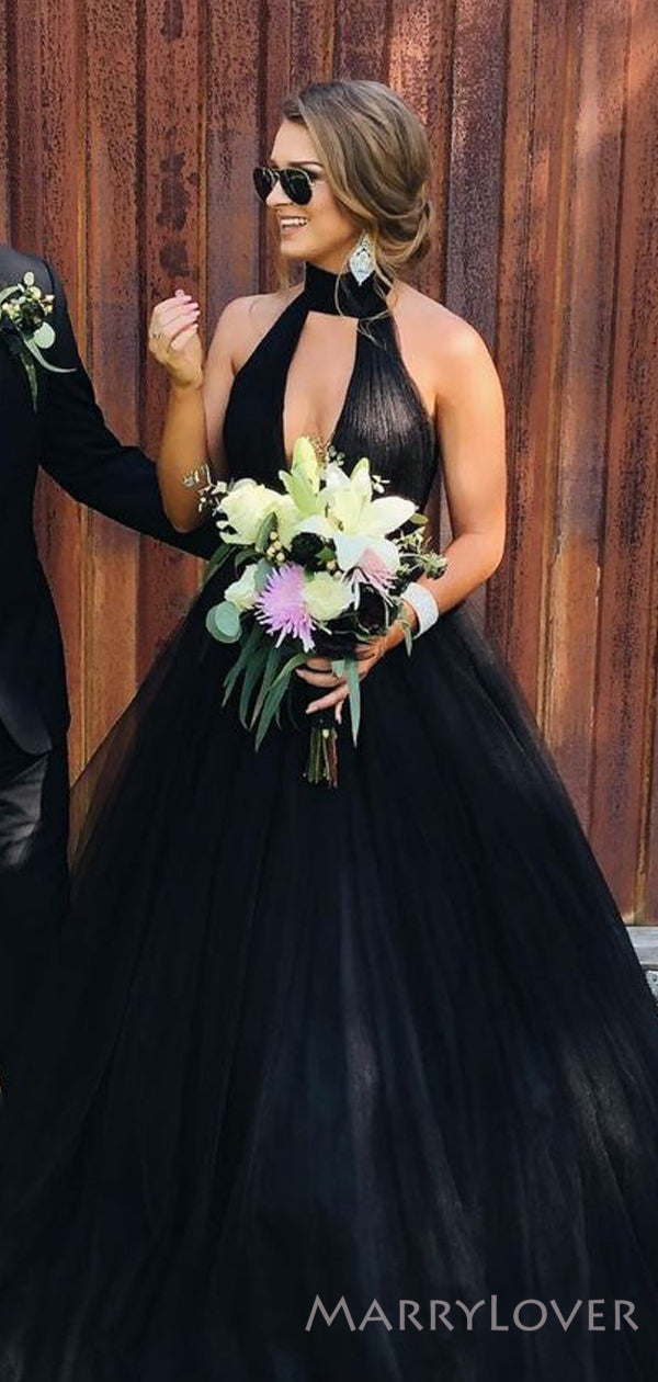 A-line Black Tulle Long Evening Prom Dresses, Deep V Neck Halter Custo MarryLover A-line Black Tulle Long Evening Prom Dresses, Deep V Neck Halter Custo MarryLover