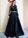 Two Pieces Black Satin Long Evening Prom Dresses, A-line Long Sleeves Custom Prom Dress, MR8196