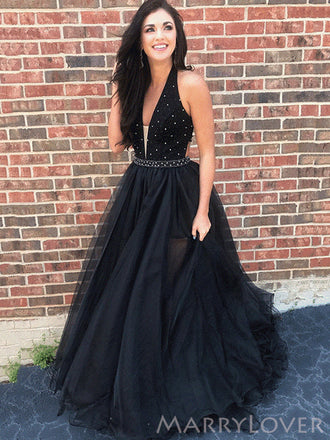 A-line Black Tulle Beaded Long Evening Prom Dresses, Deep V Neck Custom Prom Dress, MR8198