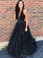 A-line Black Tulle Beaded Long Evening Prom Dresses, Deep V Neck Custom Prom Dress, MR8198