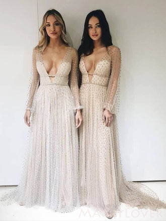 Sheath Long Sleeves Tulle Beaded Long Evening Prom Dresses, A-line Deep V Neck Custom Prom Dress, MR8199