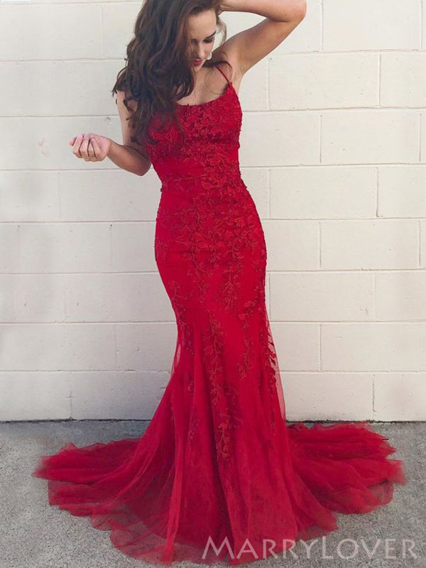 Mermaid Red Tulle Appliques Long Evening Prom Dresses, Spaghetti Strap MarryLover Mermaid Red Tulle Appliques Long Evening Prom Dresses, Spaghetti Strap MarryLover