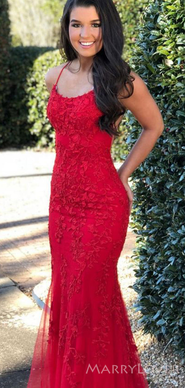 Mermaid Red Tulle Appliques Long Evening Prom Dresses, Spaghetti Strap MarryLover Mermaid Red Tulle Appliques Long Evening Prom Dresses, Spaghetti Strap MarryLover