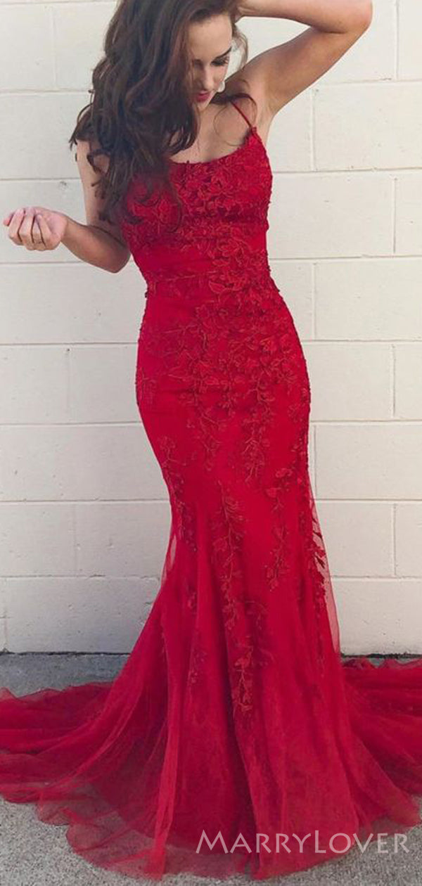 Mermaid Red Tulle Appliques Long Evening Prom Dresses, Spaghetti Strap – MarryLover Mermaid Red Tulle Appliques Long Evening Prom Dresses, Spaghetti Strap – MarryLover