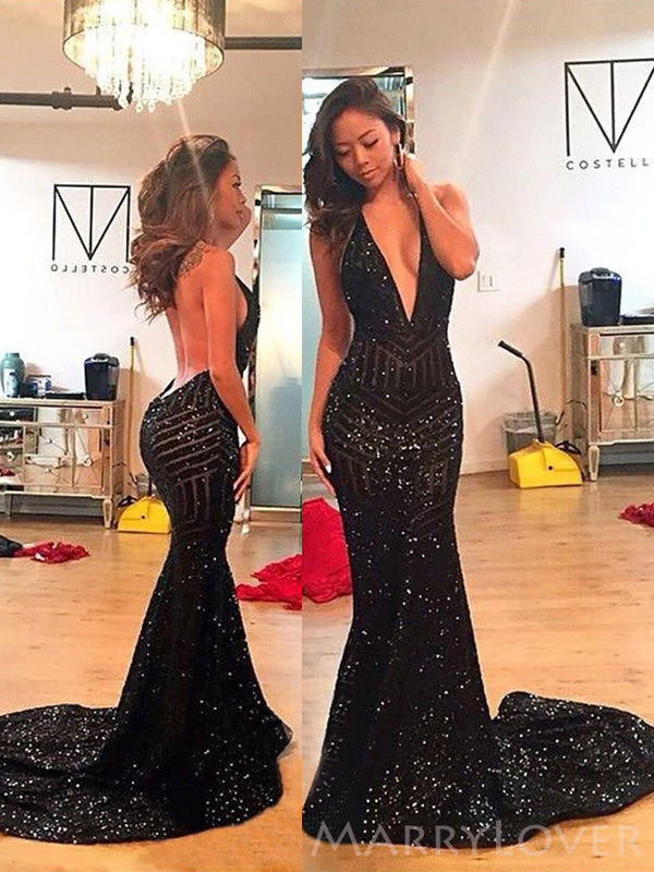 Black Sequin Long Mermaid Evening Prom Dresses, Deep V Neck Custom Backless Prom Dresses, MR8203
