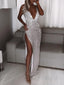Spaghetti Straps Silver Sequin Long sheath Evening Prom Dresses, Deep V Neck Custom Mermaid Prom Dresses, MR8207