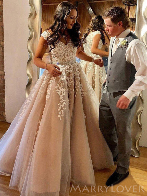 A-line Champagne Tulle Appliques Long Evening Prom Dresses, MR8208