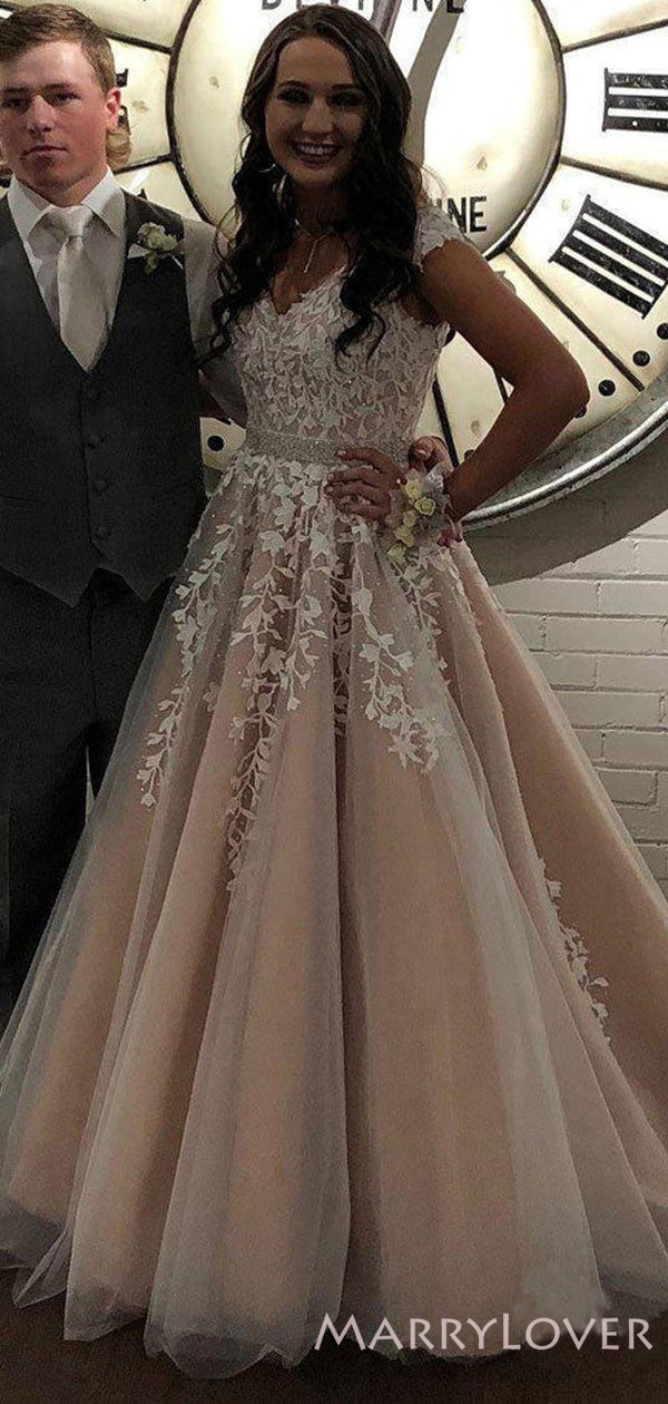 A-line Champagne Tulle Appliques Long Evening Prom Dresses, MR8208 MarryLover A-line Champagne Tulle Appliques Long Evening Prom Dresses, MR8208 MarryLover