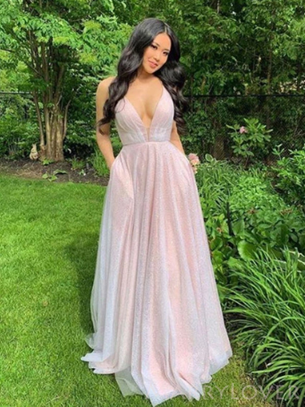 A-line Pink Tulle Sparkly Long Evening Prom Dresses, Spaghetti Straps Custom Prom Dresses, MR8212