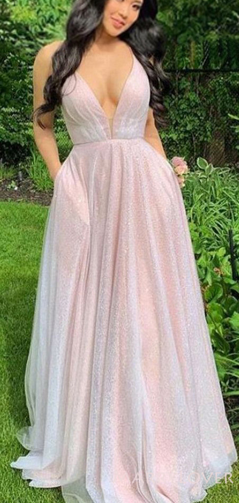 A-line Pink Tulle Sparkly Long Evening Prom Dresses, Spaghetti Straps Custom Prom Dresses, MR8212