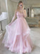 Pink Tulle Sparkly Long Evening Prom Dresses, Spaghetti Straps A-line Custom Prom Dresses, MR8214