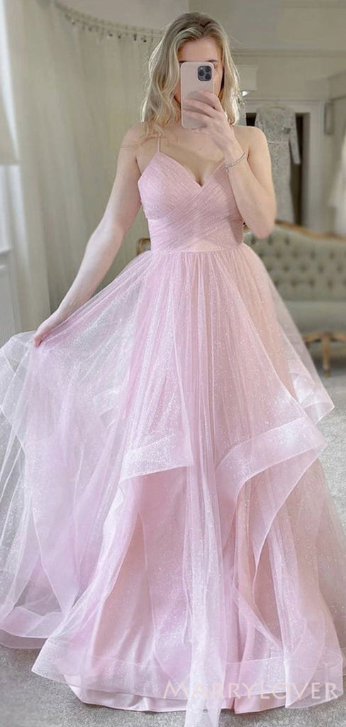Pink Tulle Sparkly Long Evening Prom Dresses, Spaghetti Straps A-line Custom Prom Dresses, MR8214
