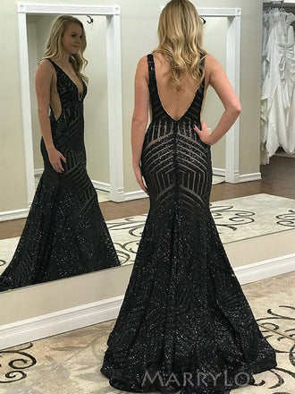 Mermaid Black Sequin V Back Long Evening Prom Dresses, Deep V Neck Custom Prom Dresses, MR8219