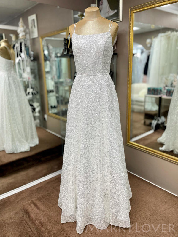 White Sequin Spaghetti Straps Long Evening Prom Dresses, A-line Custom Mermaid Prom Dresses, MR8223