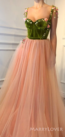 Spaghetti Straps Tulle Velvt Appliques Long Evening Prom Dresses, A-line Custom Prom Dress, MR8235