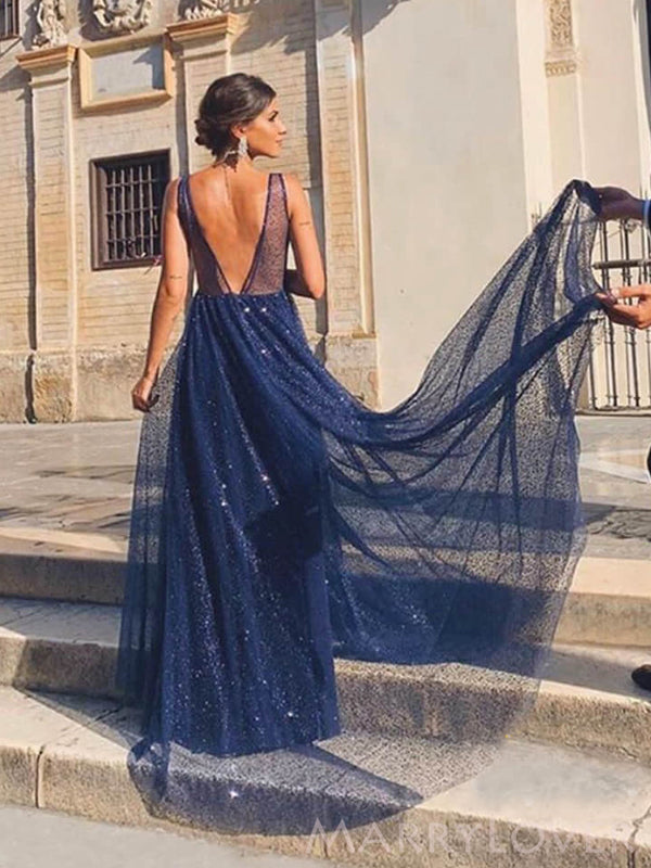 A-line Navy Blue Tulle Sparkly Long Evening Prom Dresses, V Neck Custo MarryLover A-line Navy Blue Tulle Sparkly Long Evening Prom Dresses, V Neck Custo MarryLover