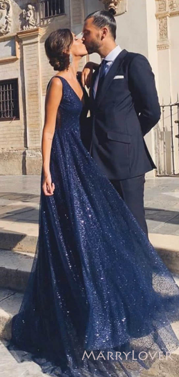 A-line Navy Blue Tulle Sparkly Long Evening Prom Dresses, V Neck Custo MarryLover A-line Navy Blue Tulle Sparkly Long Evening Prom Dresses, V Neck Custo MarryLover