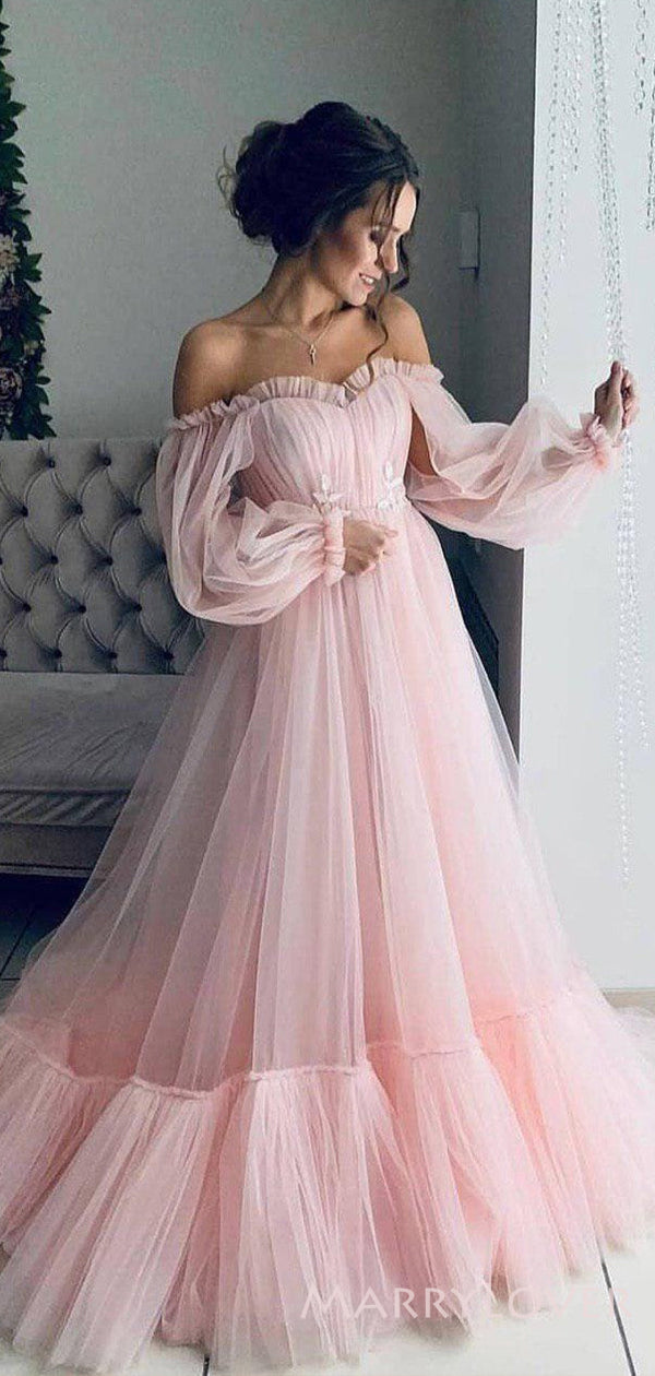 Long Sleeves Off Shoulder Pink Tulle Long Evening Prom Dresses, A-line MarryLover Long Sleeves Off Shoulder Pink Tulle Long Evening Prom Dresses, A-line MarryLover