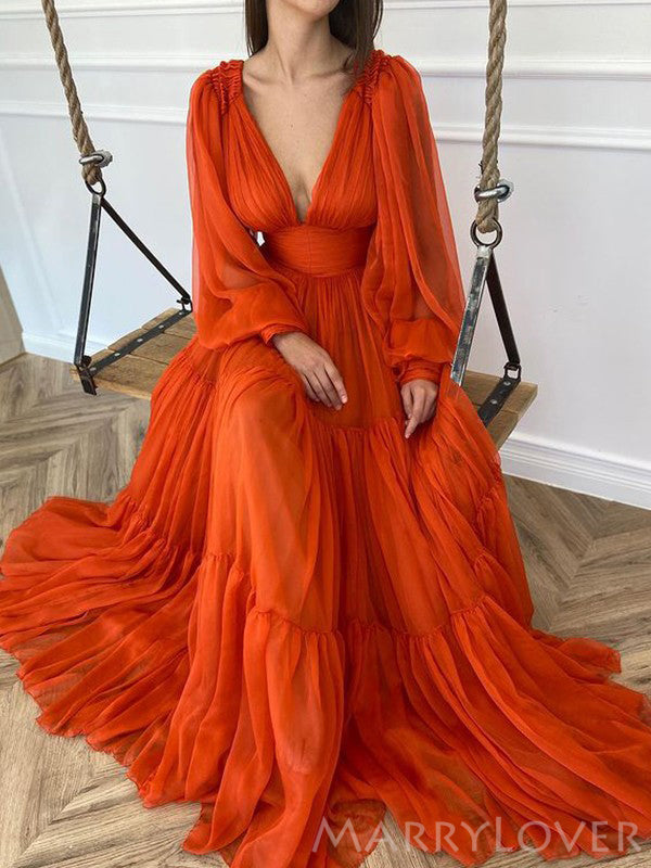 Deep V Neck Long Sleeves Long Evening Prom Dresses, A-line Orange Chif – MarryLover