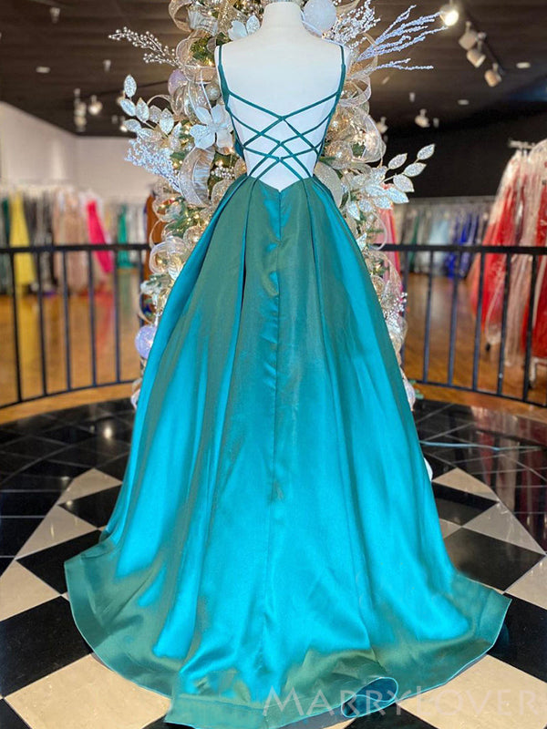 A-line Peacock Blue Satin Long Evening Prom Dresses, Spaghetti Straps Custom Prom Dresses, MR8249 A-line Peacock Blue Satin Long Evening Prom Dresses, Spaghetti Straps Custom Prom Dresses, MR8249