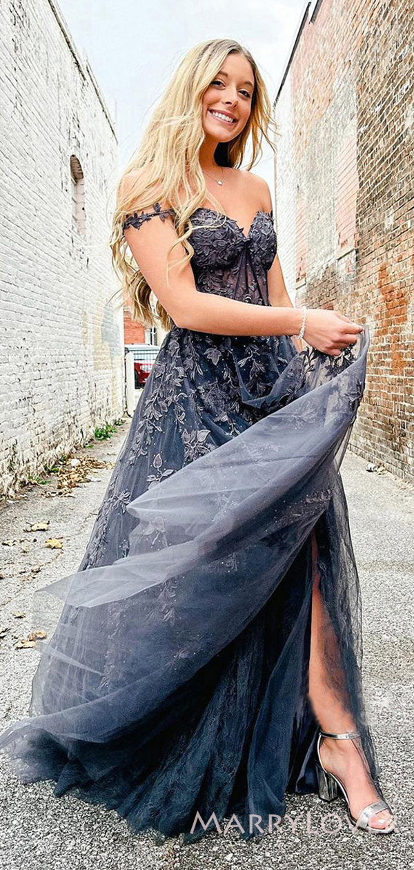 Off Shoulder Dark Grey Tulle Appliques Long Evening Prom Dresses, A-li MarryLover Off Shoulder Dark Grey Tulle Appliques Long Evening Prom Dresses, A-li MarryLover