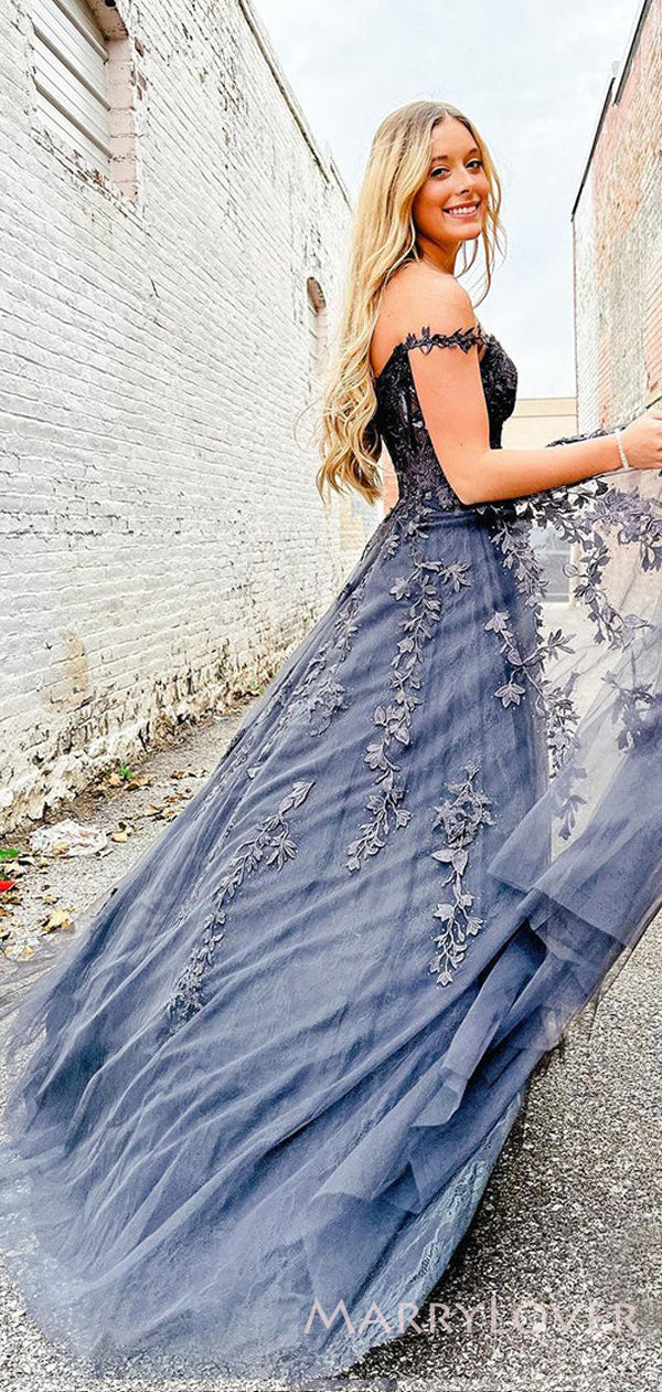 Off Shoulder Dark Grey Tulle Appliques Long Evening Prom Dresses, A-li MarryLover Off Shoulder Dark Grey Tulle Appliques Long Evening Prom Dresses, A-li MarryLover