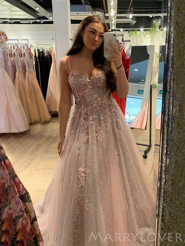 Appliques Straps Long Pink Tulle Flowers Prom Dress Appliques Straps Long Pink Tulle Flowers Prom Dress
