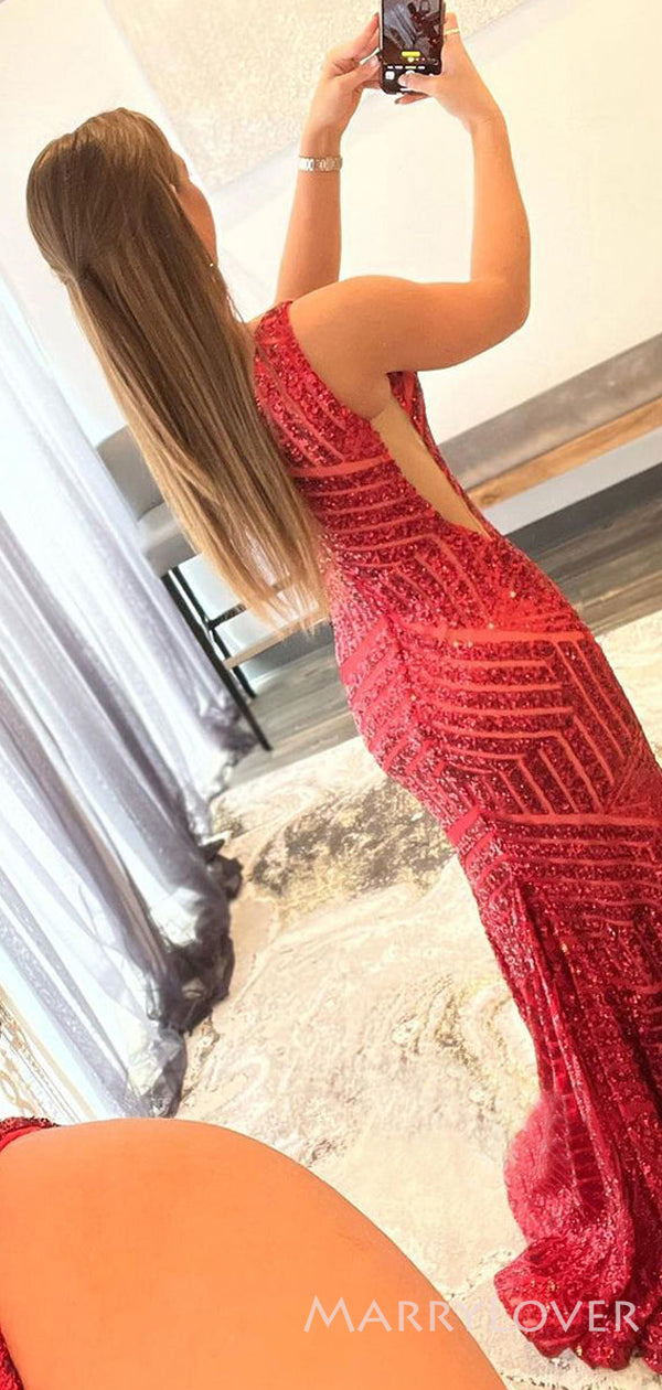 long sequin dress red Mermaid Red Sequin Long Evening Prom Dresses, One Shoulder Custom Prom – MarryLover