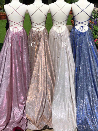 Spaghetti Straps Long Sparkly Evening Prom Dresses, A-line Custom Prom Dresses, MR8257