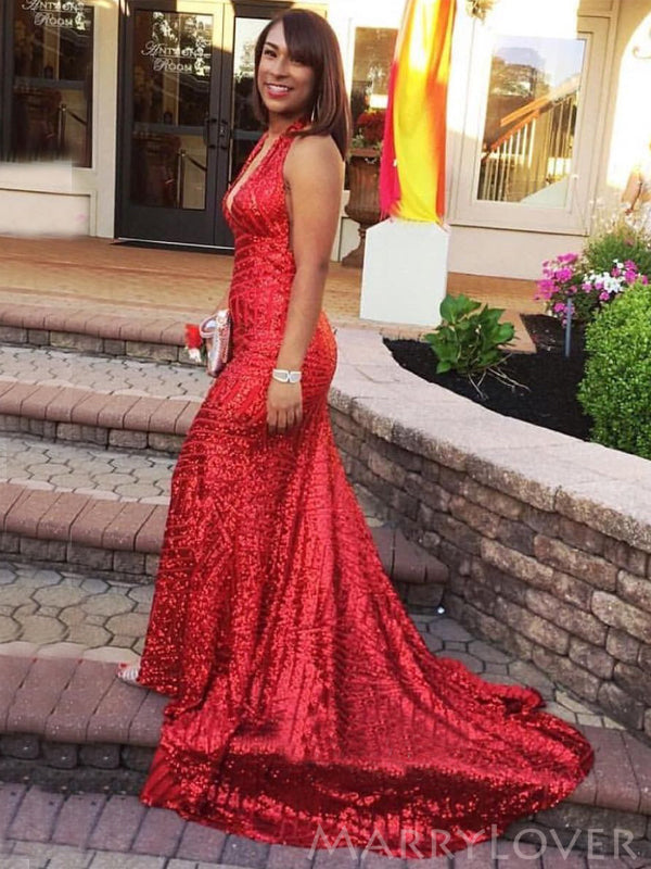 Red Sequin Long Halter Evening Prom Dresses, Mermaid V Neck Custom Pro MarryLover Red Sequin Long Halter Evening Prom Dresses, Mermaid V Neck Custom Pro MarryLover