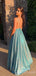 A-line Blue Sparkly Long Evening Prom Dresses, Spaghetti Straps Backless Custom Prom Dresses, MR8267
