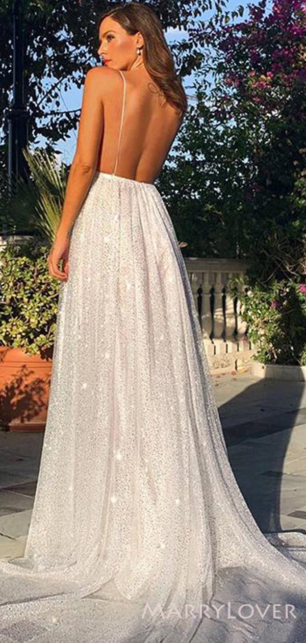 Spaghetti Straps White Sequin Long Evening Prom Dresses, A-line V Neck MarryLover Spaghetti Straps White Sequin Long Evening Prom Dresses, A-line V Neck MarryLover