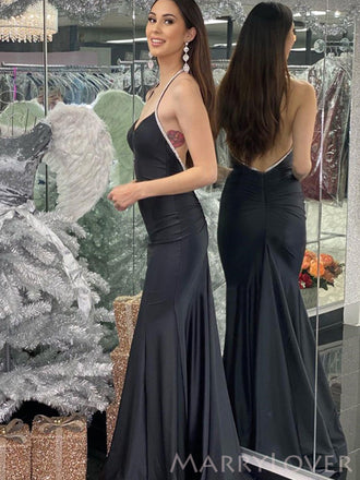 Mermaid Black Long Evening Prom Dresses, Spaghetti Straps Sweetheart Custom Prom Dresses, MR8274